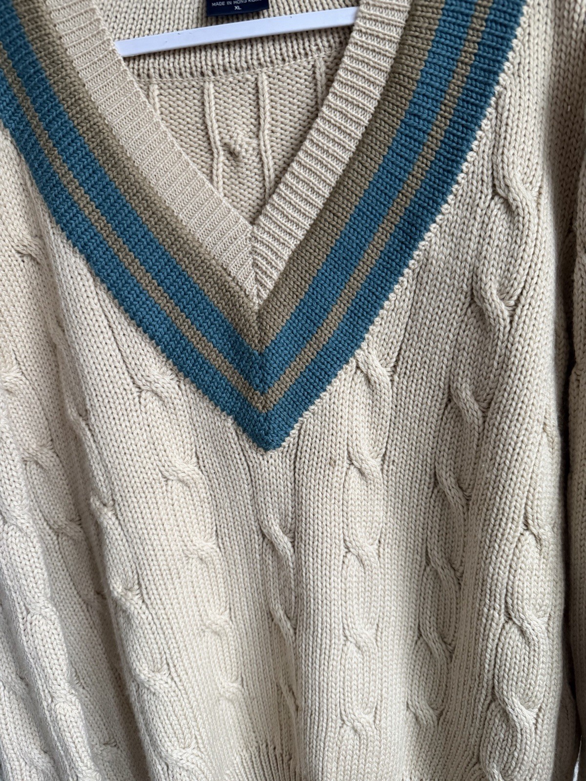 Faconnable Beige Blue Green Cable-Knit V-Neck Pullover Sweater XL Striped Trim