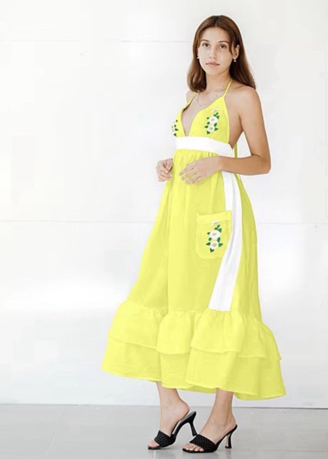Fanm Mon Large Linen Yamile Floral Embroidered Halter Midi Dress Mustard Lime
