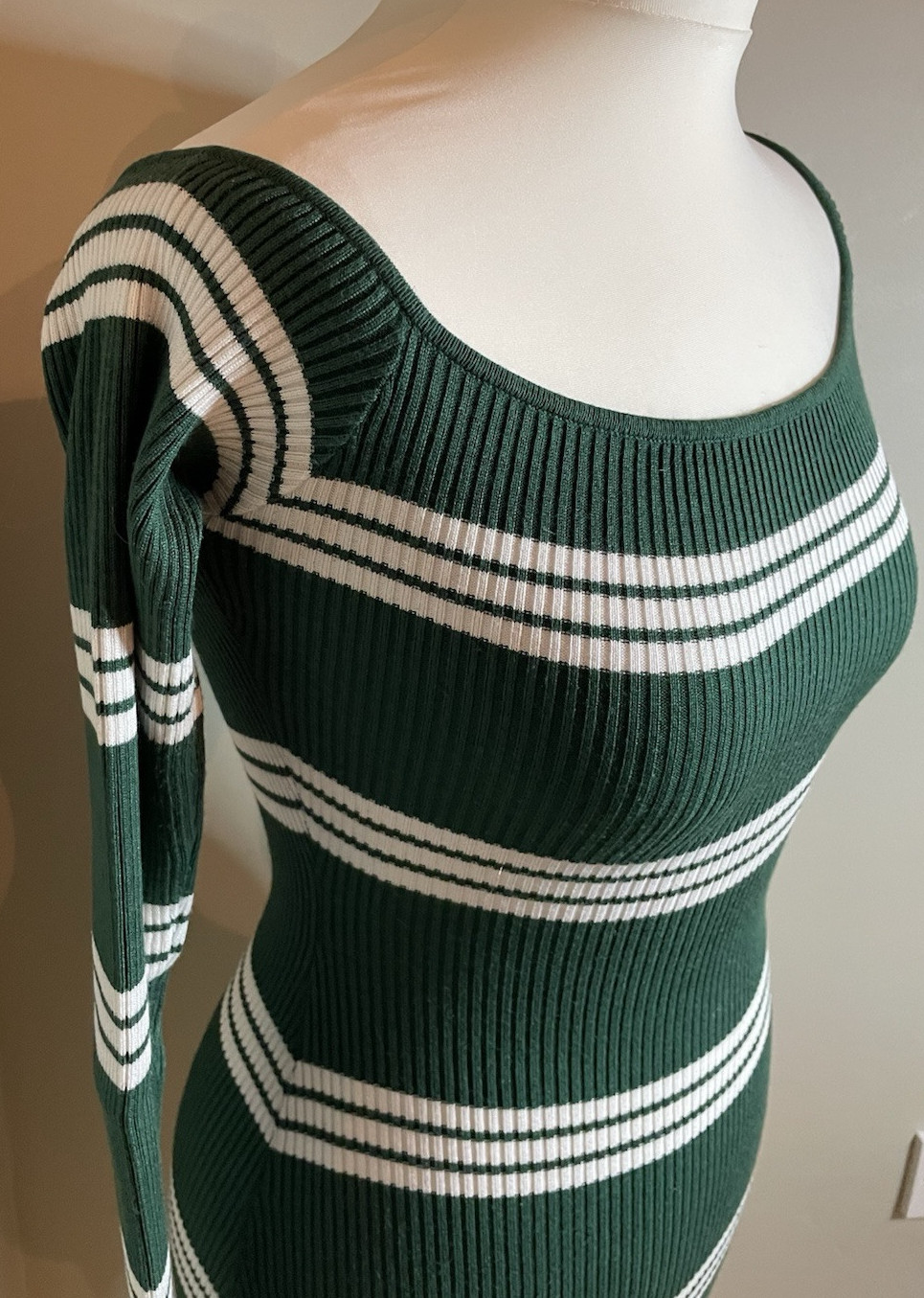 Missguided, deep Green And White Stripe Body Con Dress Size 12, frill at wrist