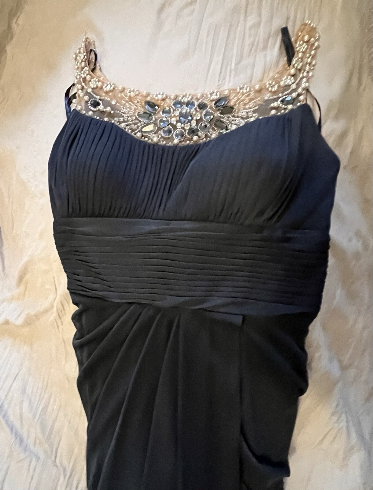 Elegant Full Length Navy Blue Gown Beaded Gala Prom Mother Of The Bride Sz 4