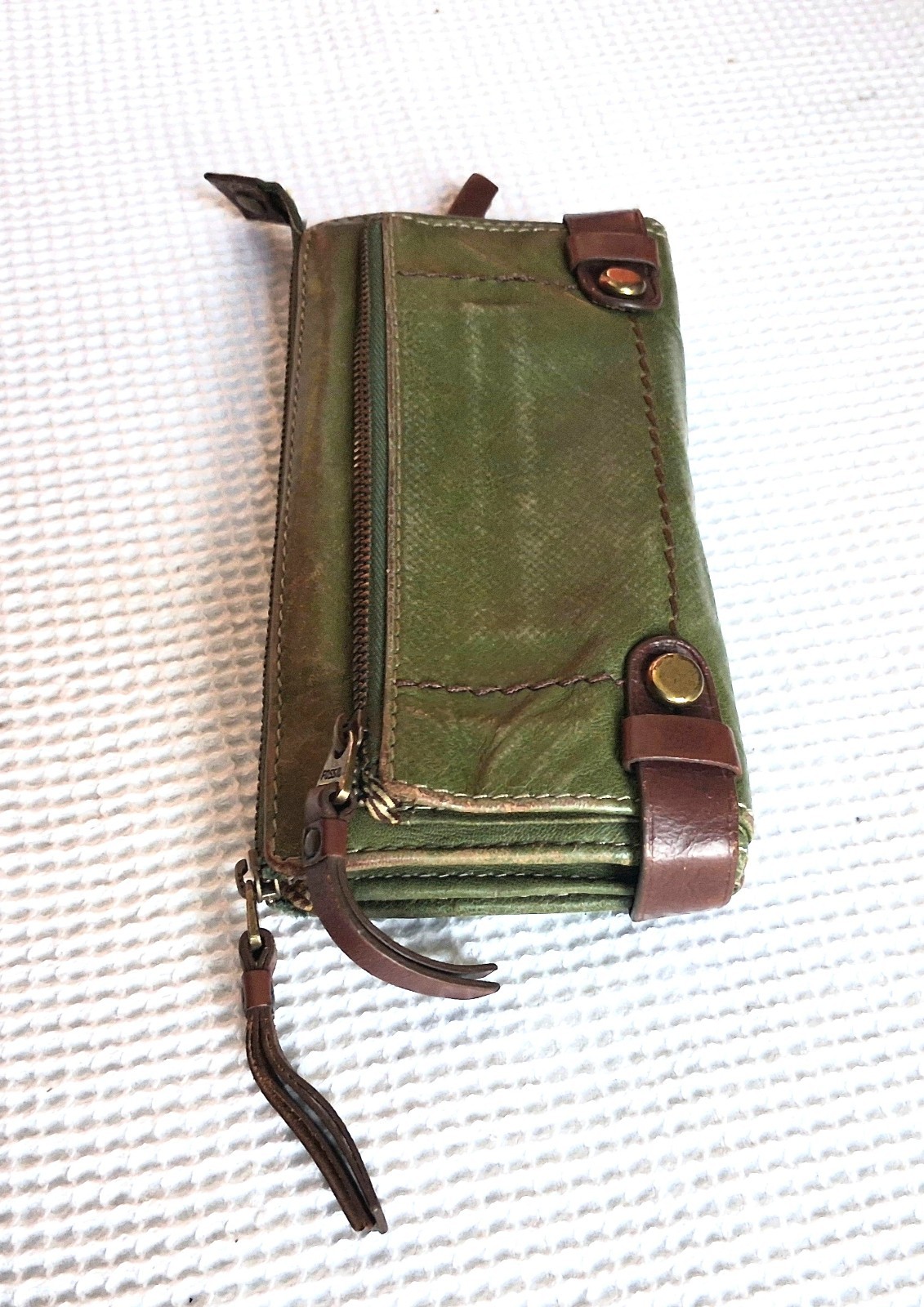 Fossil Olive Green Leather Accordion Organizer Wallet Clutch Fiocchi Italy