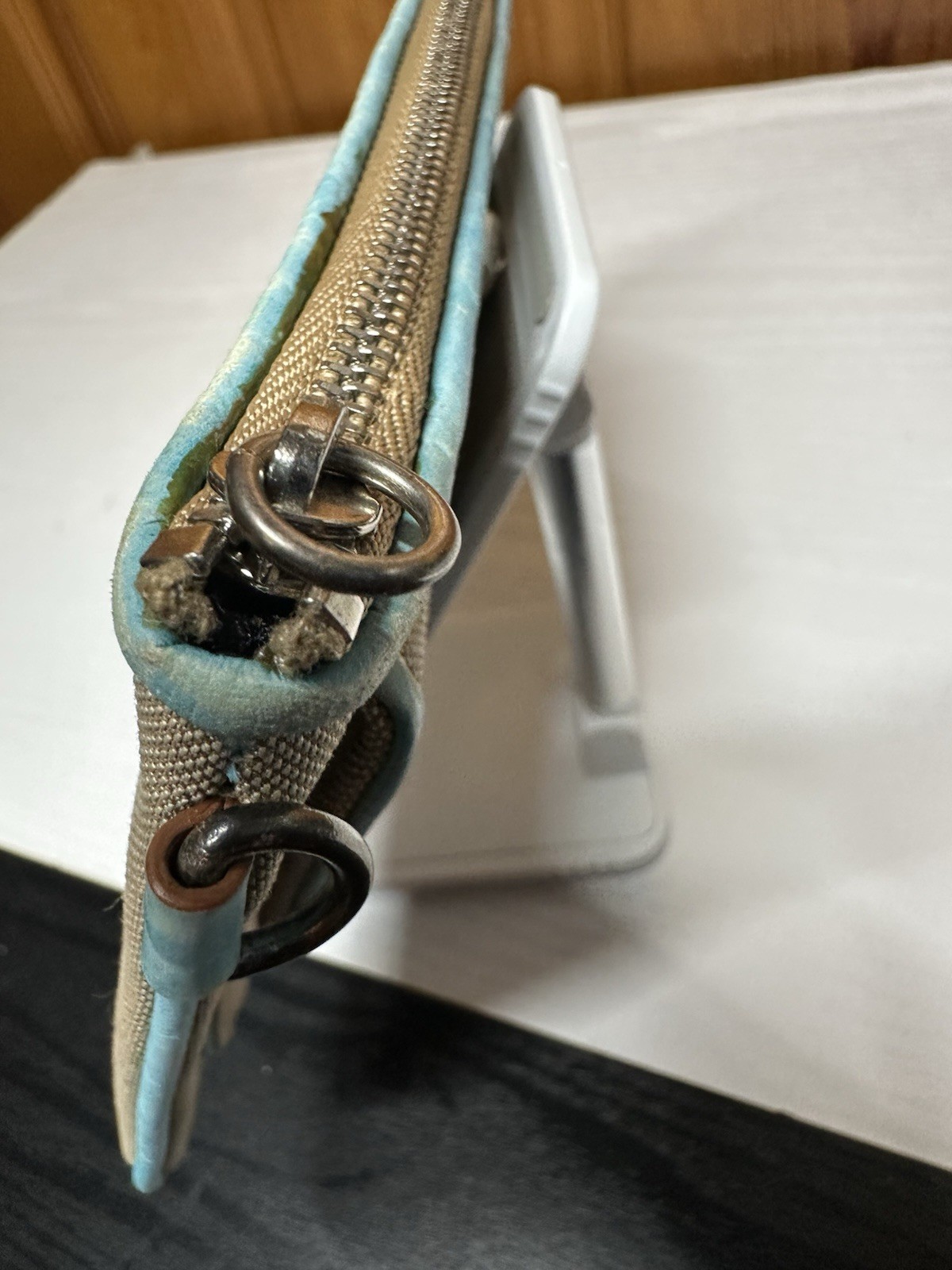 Michael Kors Beige & Light Blue Clutch Buckle Accent, Zipper, Silver Hardware