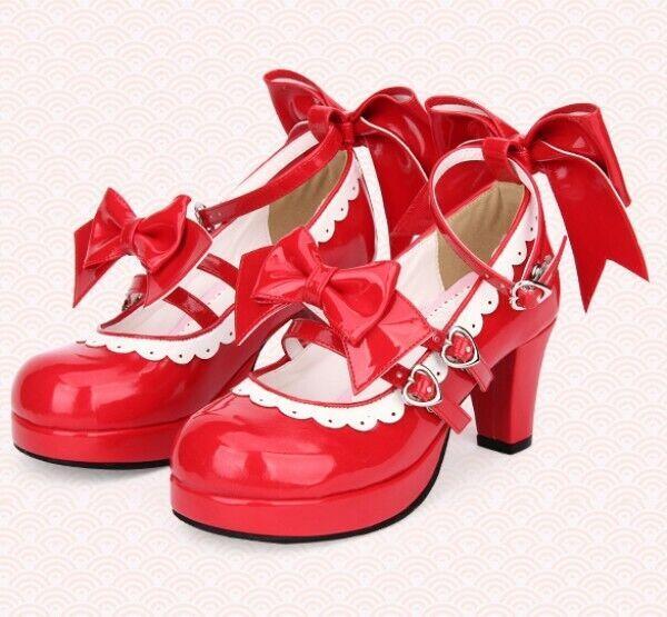 Lolita Women’s Mid Heel Cosplay Shoes Bowknot Platform Sweet Candy Shiny Leather