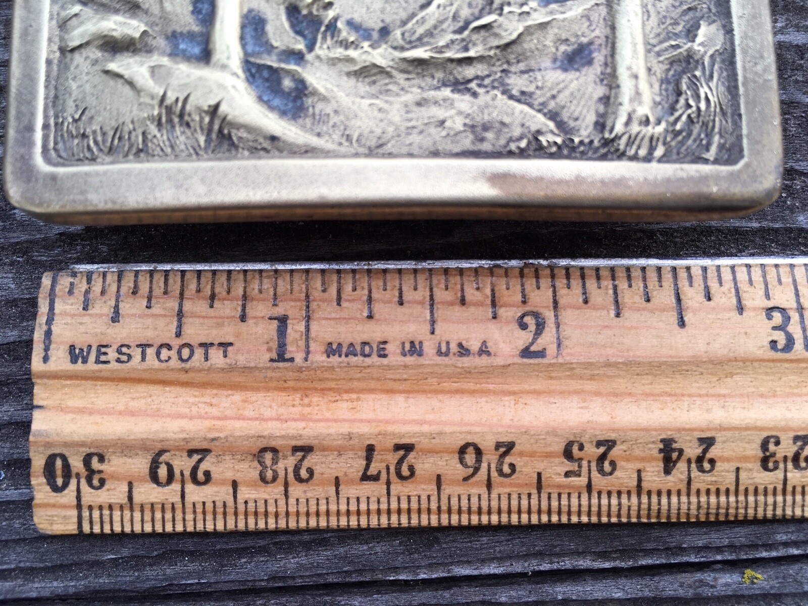 vintage miniature Brass framed STAND UP Nature scene tchotchke or Belt Buckle