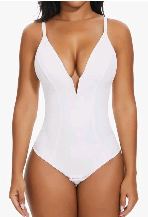 SHAPERIN Women’s Deep V Neck Bodysuit Double Lined Plunge Tummy Control Sz L