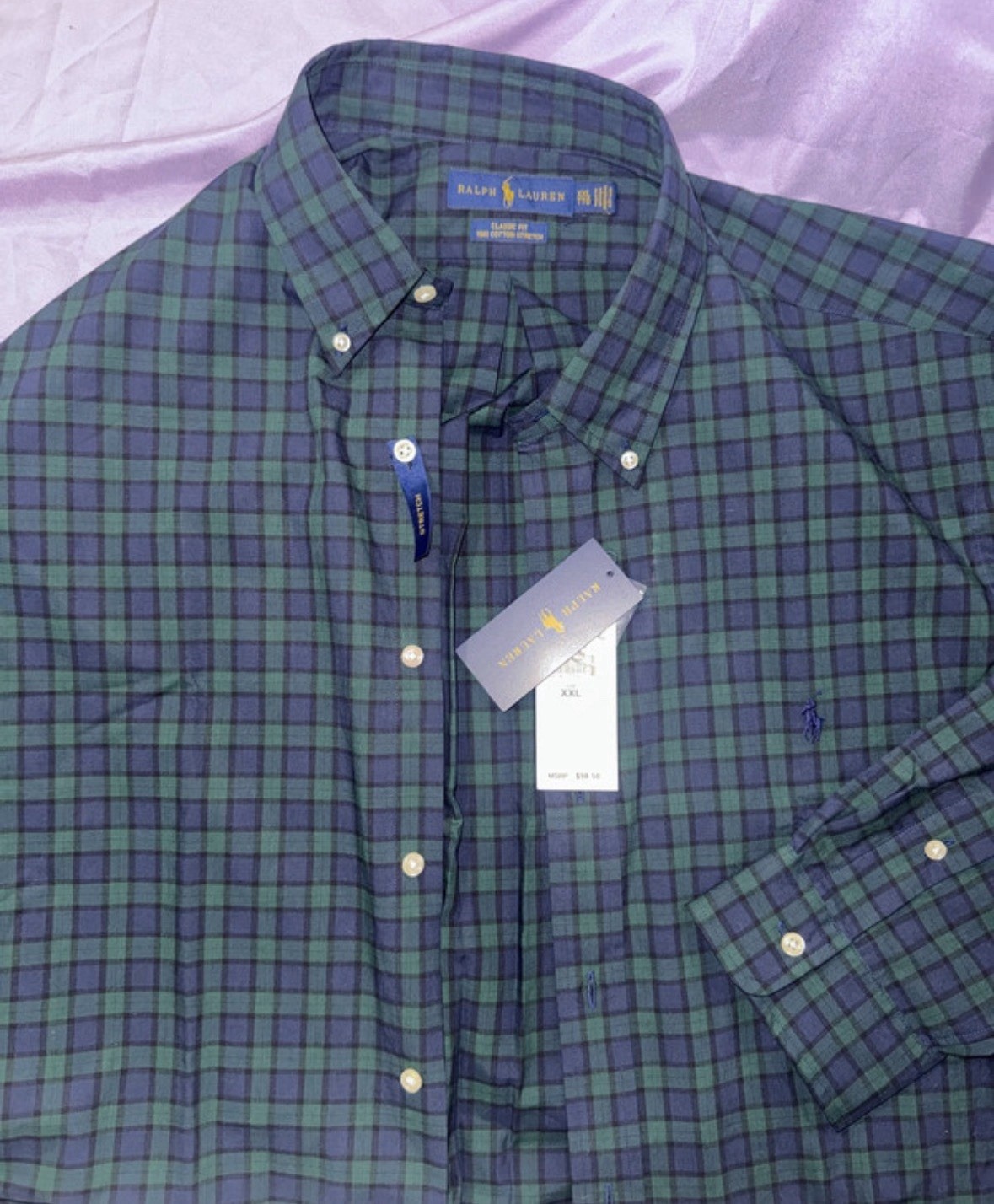 Ralph Lauren Classic Fit Green Blue Plaid Cotton Button-Down Shirt XXL