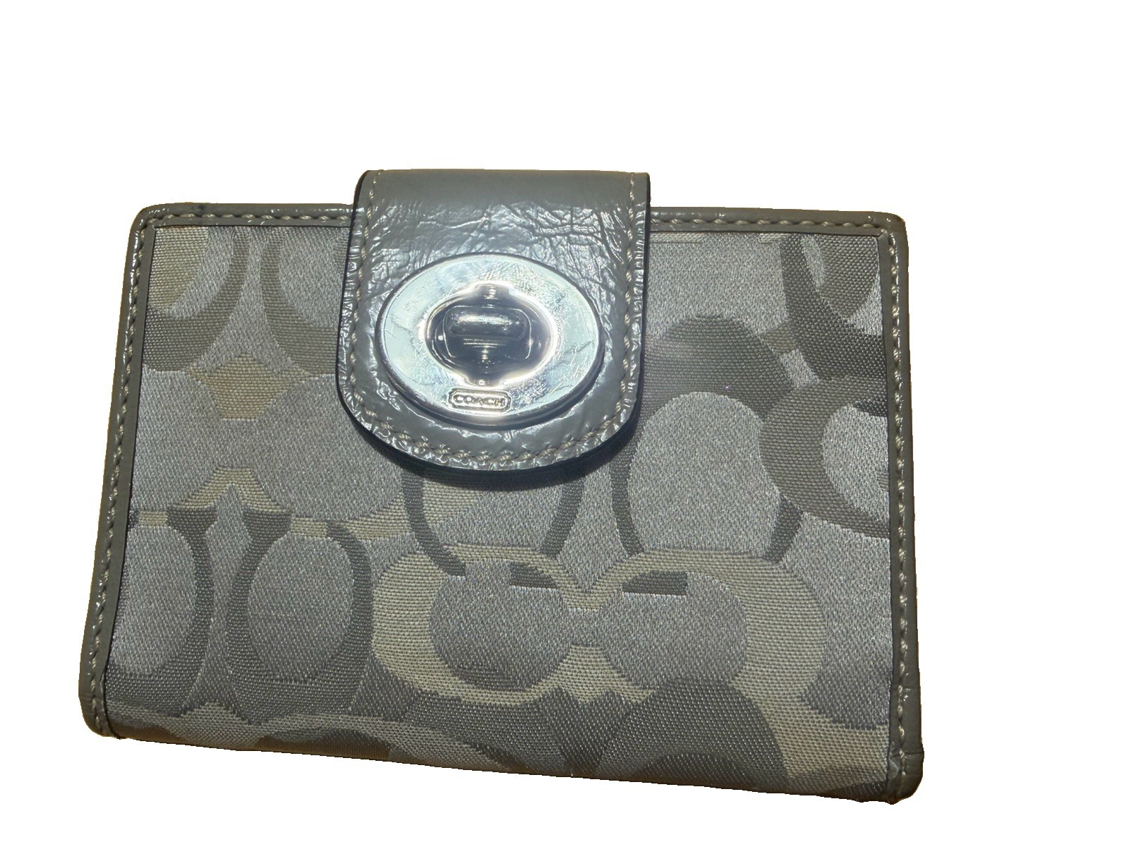 Coach Gray Signature Canvas Turnlock Wallet Checkbook Organizer Zip Coin Pocket