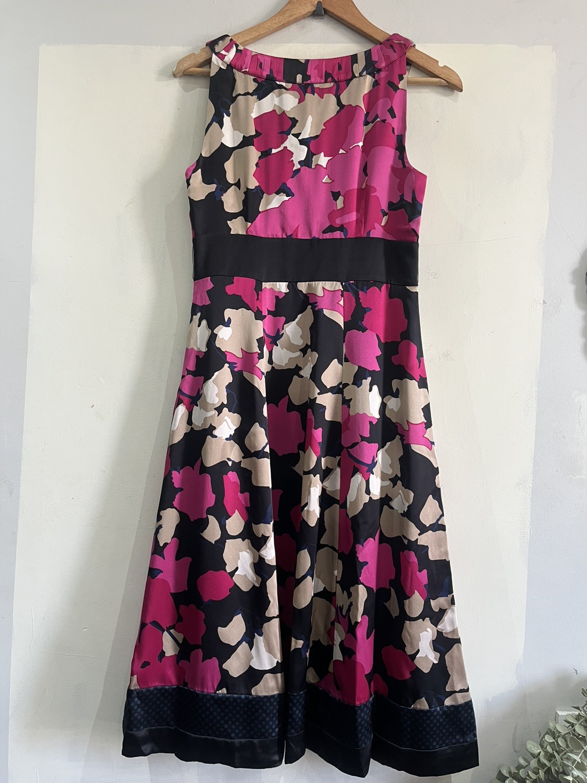 MONSOON 100% Silk Pink Black Blue Beige Fit & Flare Dress Size 10