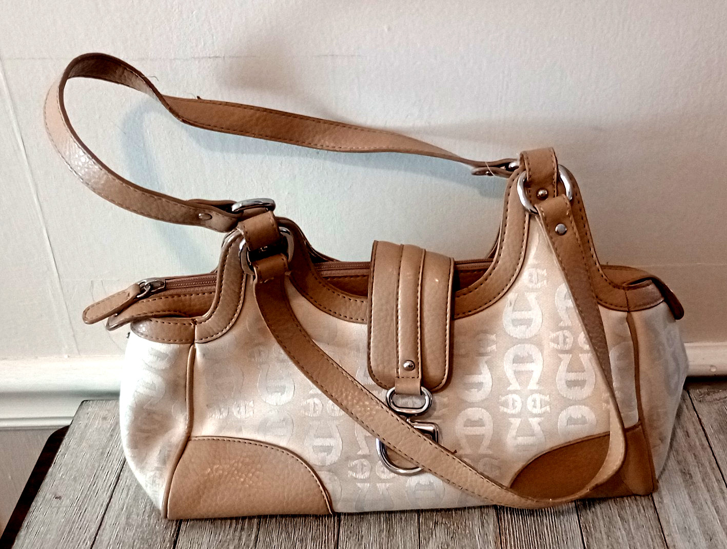 Etienne Aigner Women’s Brown Leather Accents Strap Bag Zipper Purse