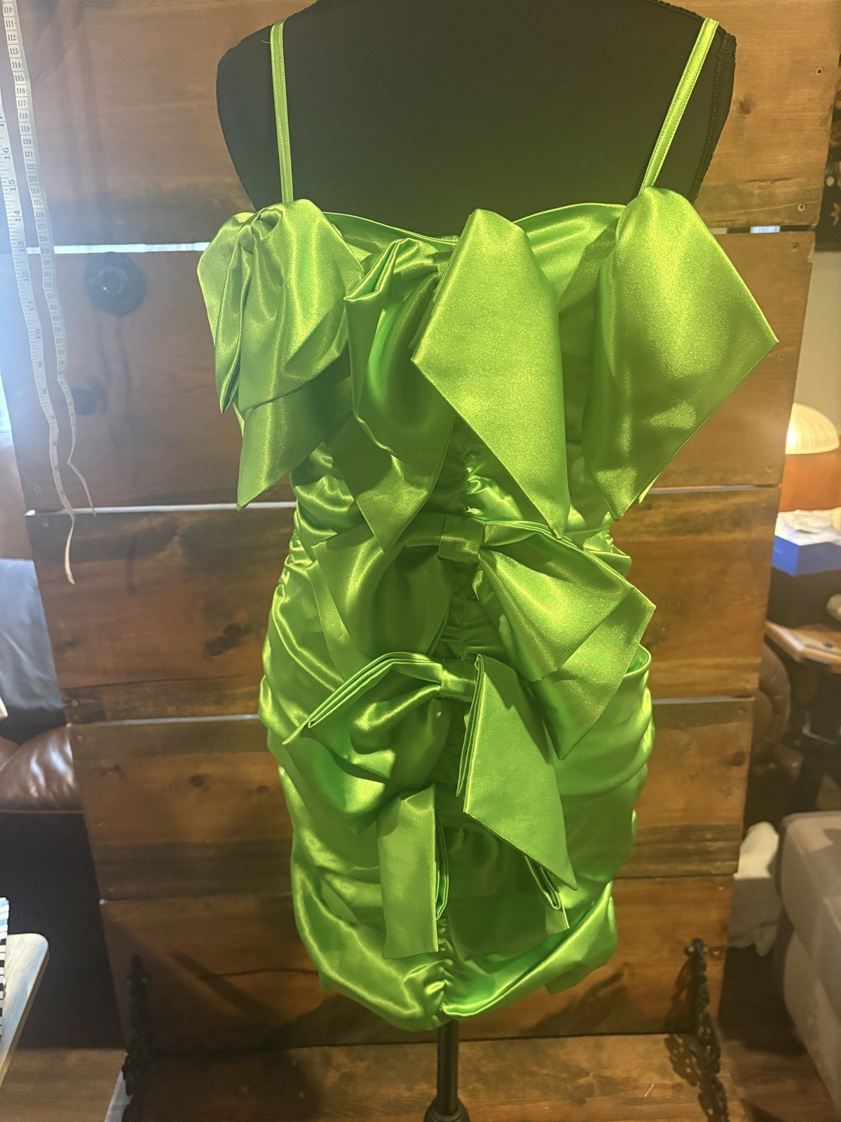 Mia Vesper Lime Green Sateen Dress With Many Bow Accents Adjustable Straps Small