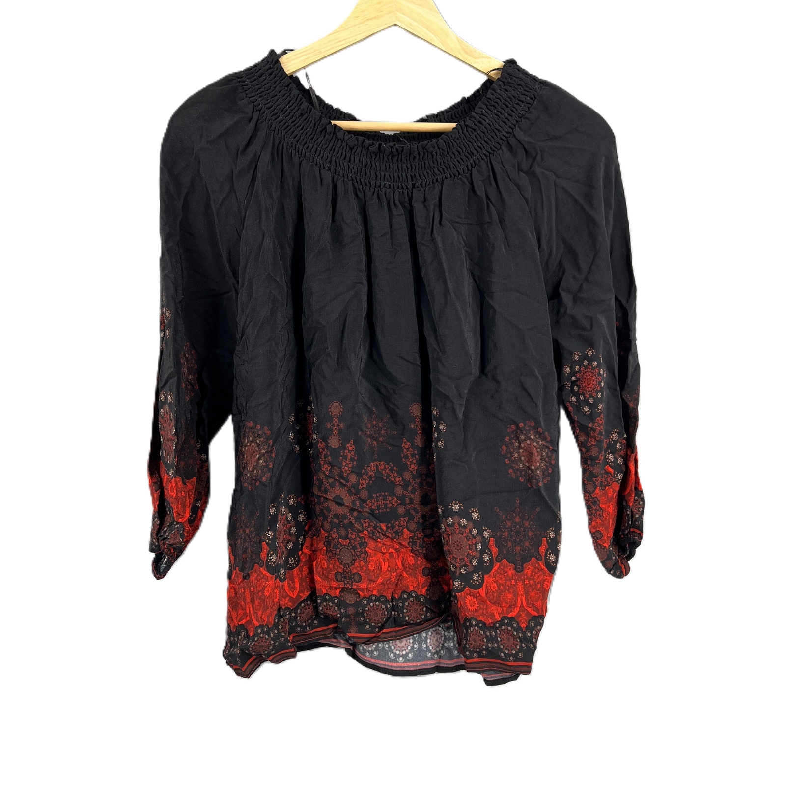 Desigual Off Shoulder Blouse Black Red Sequin Geometric Pattern EU XS / US XXS