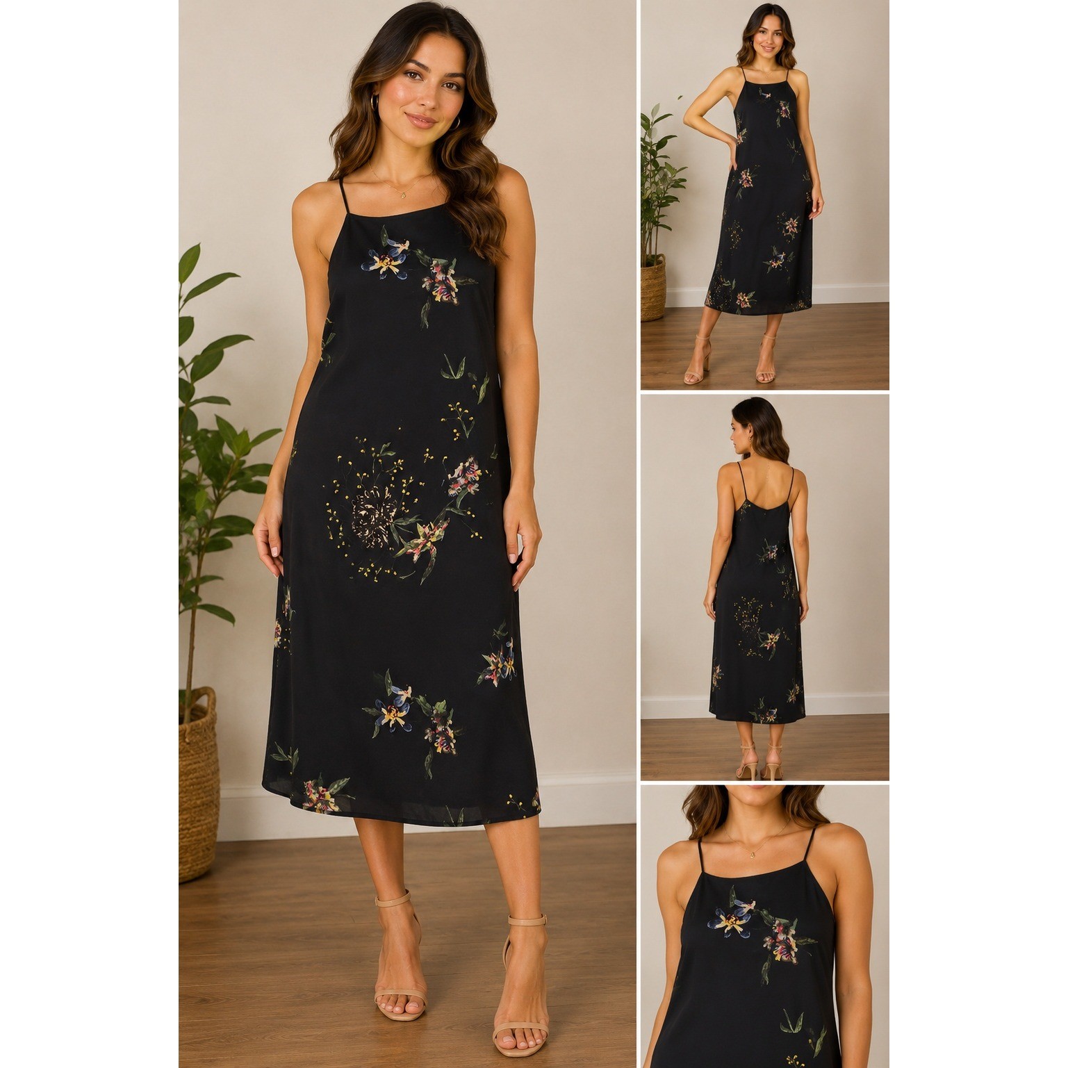 Dalia Floral Spaghetti Strap Shift Dress Navy Blue Botanical Print Boho XS