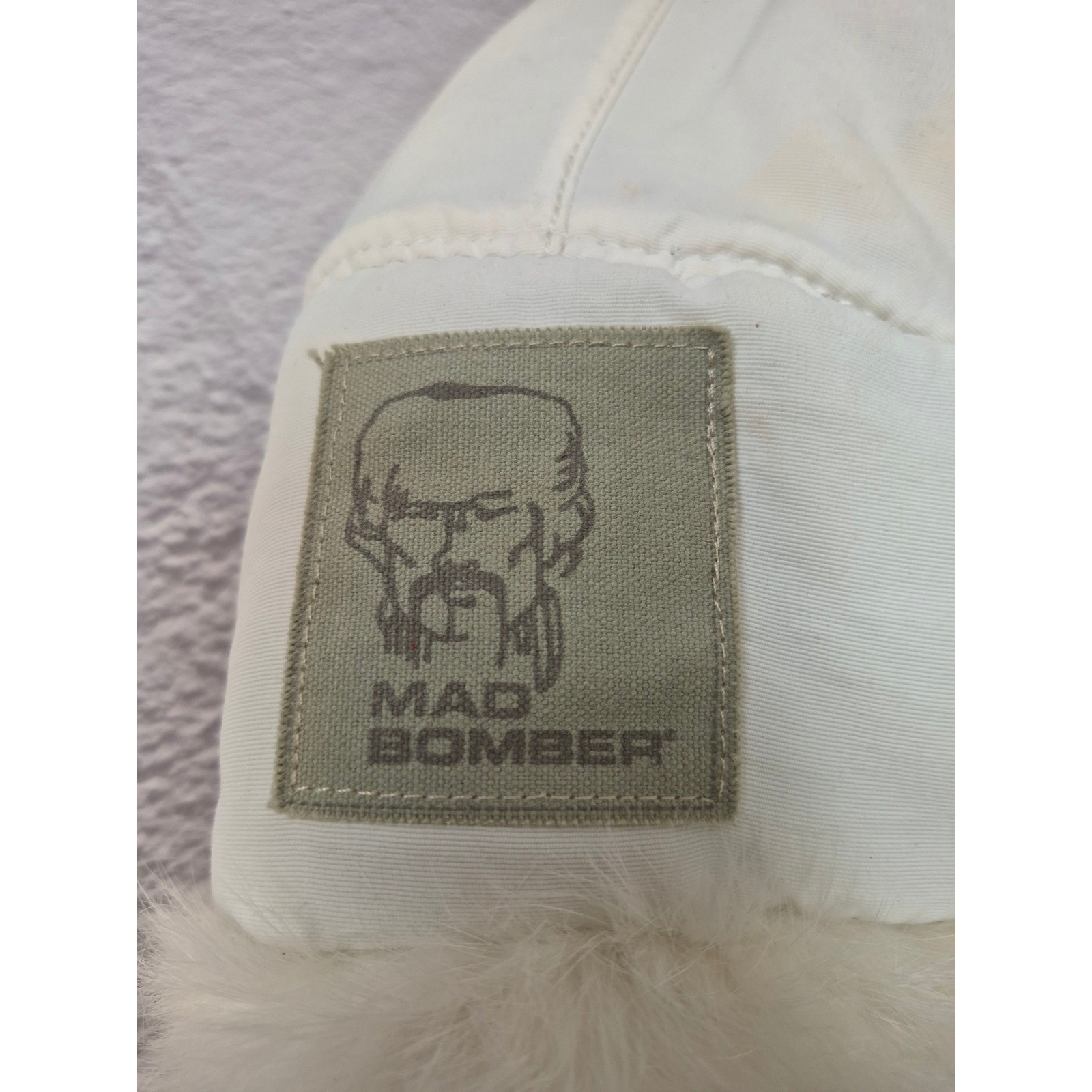 Mad Bomber White Trapper Hat Genuine Rabbit Fur Trim Aviator Winter Cap Womens