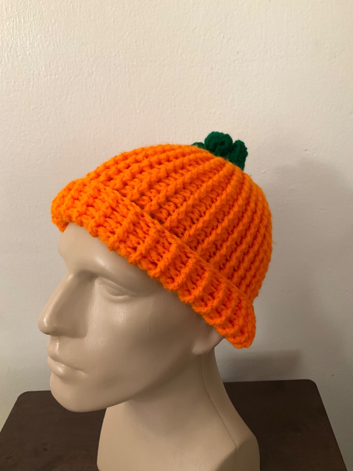 Adult Crochet Pumpkin Beanie Handmade Orange Green Stem Fall Knit Yarn Hat