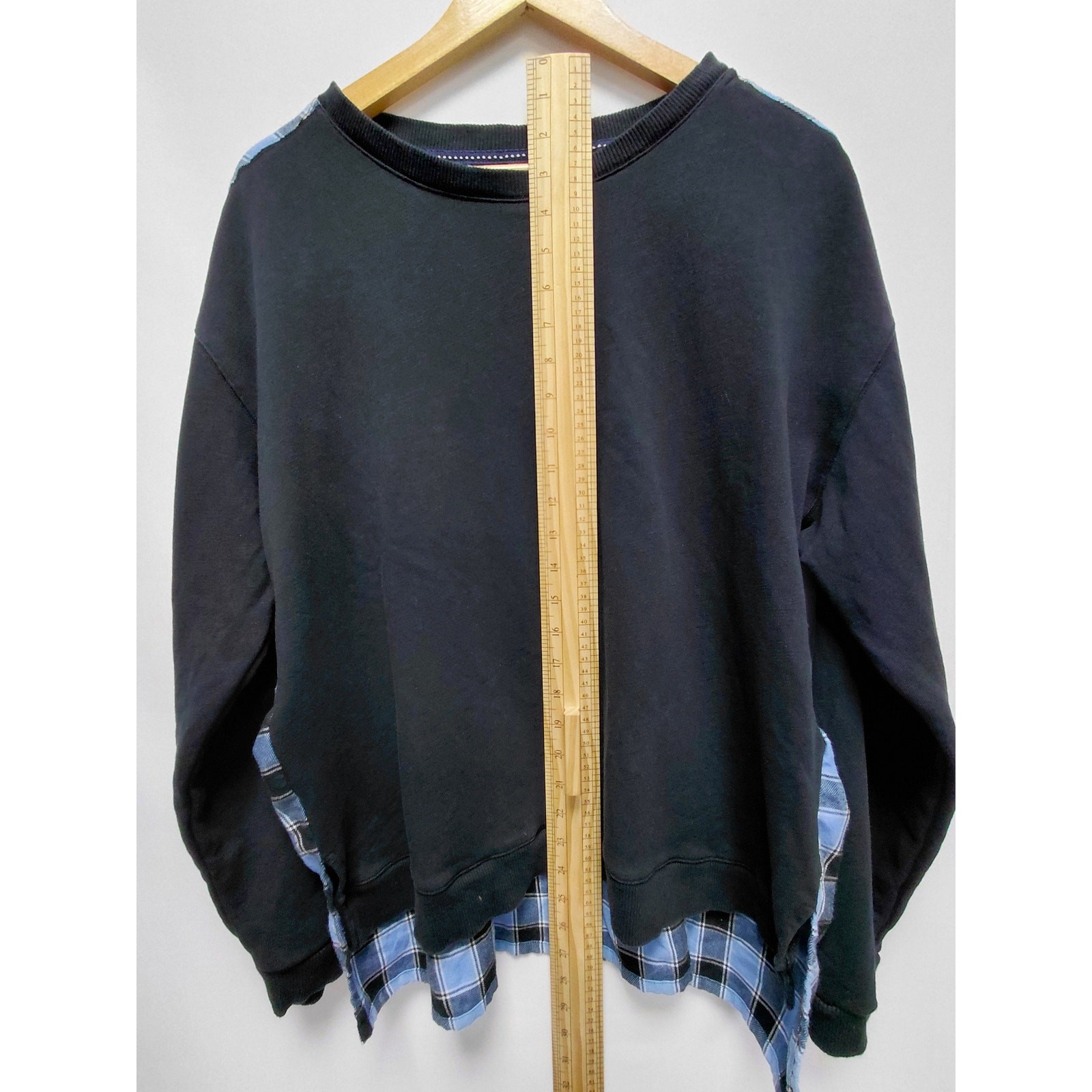 Pilcro Anthropologie Mixed Fabric Plaid Back Sweatshirt Blue Black Size XL