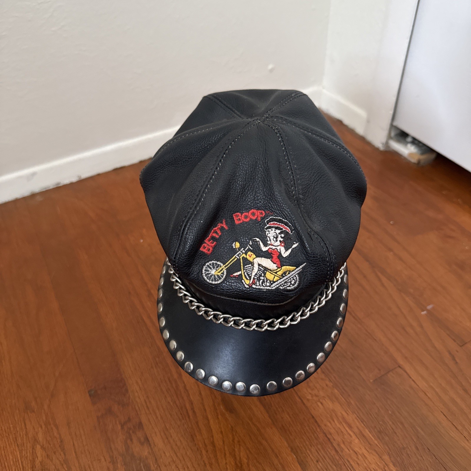 Vintage 1995 Genuine Leather Betty Boop Motorcycle Hat with metal accents