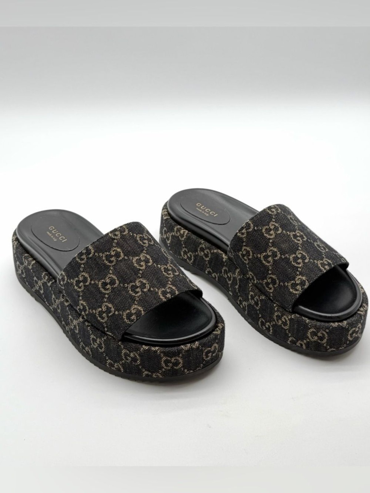 Gucci Angelina GG Monogram Platform in Black Denim Slide Sandals EU 39.5 US 9.5