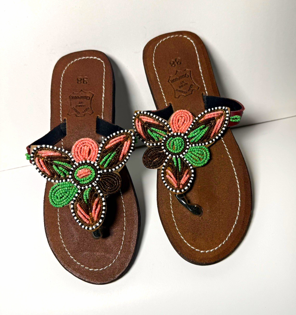 Women’s Brown/Black Beaded Thong African Sandals Leather Slip-On Flat 7.5