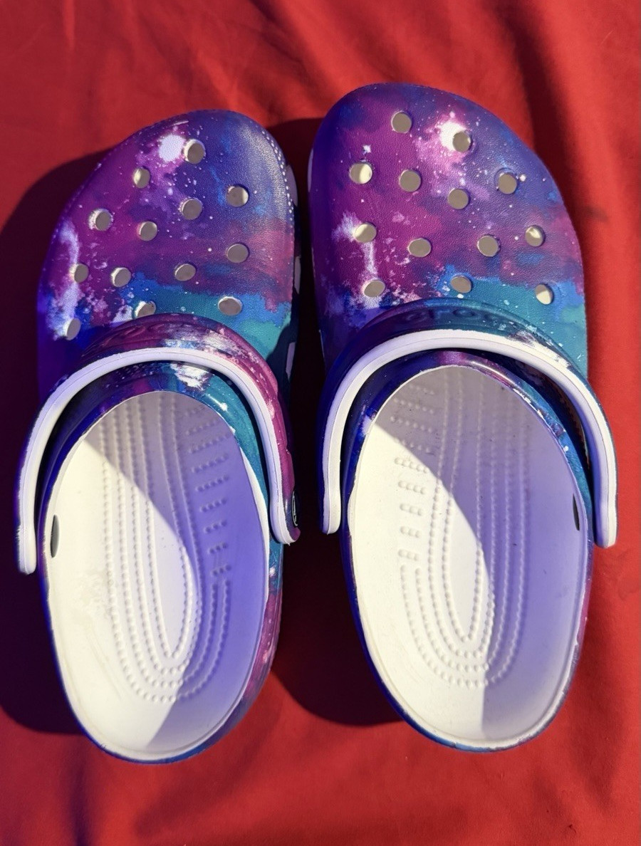 Crocs Classic Space Galaxy Kids Clog Slip-On Lightweight J5 Purple Blue White