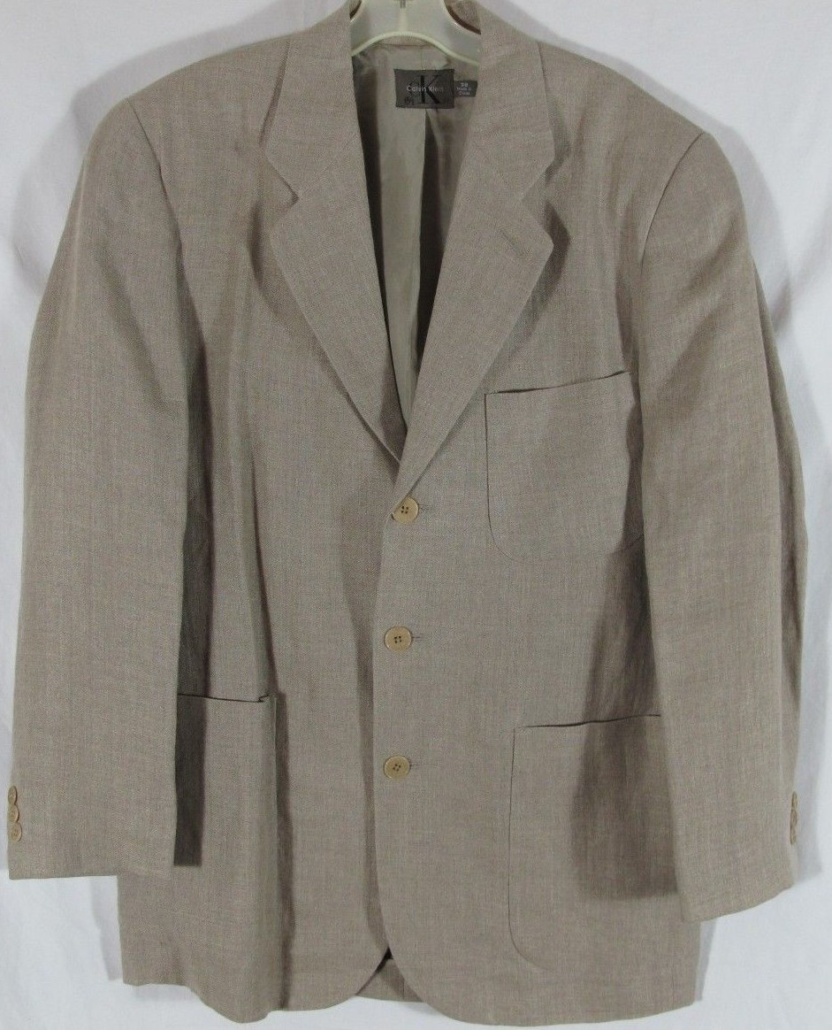 Calvin Klein Linen Khaki Tan Lt Brown Single Breasted Jacket Blazer Sz 44