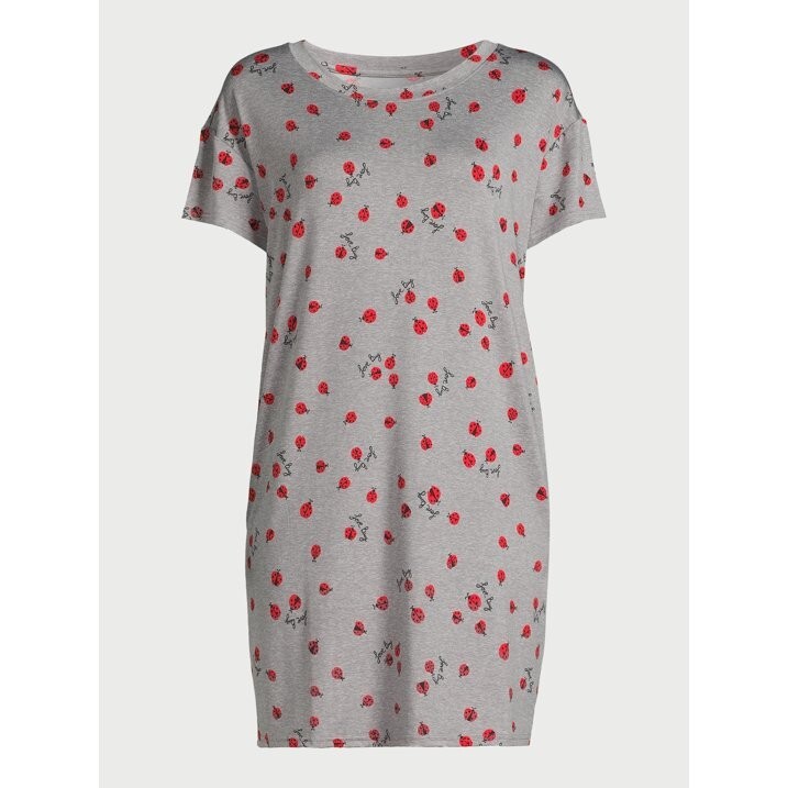 Joyspun Women’s Short Sleeve Sleepshirt-Grey Heather Ladybug-2X/3X-NWT