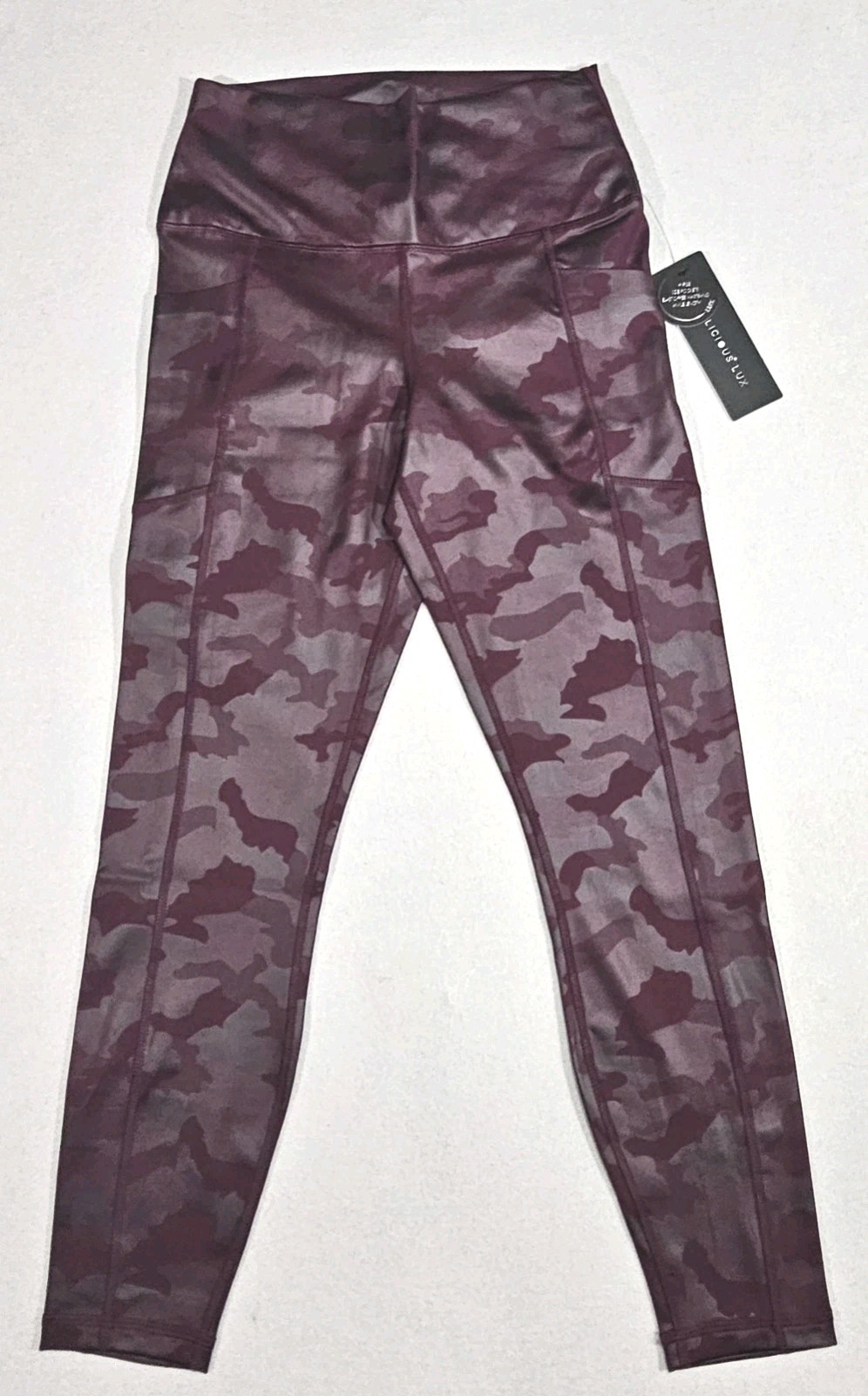 Yogalicious Lux Leggings Large Shiny Wine Tasting Camo High Rise Pockets NWT