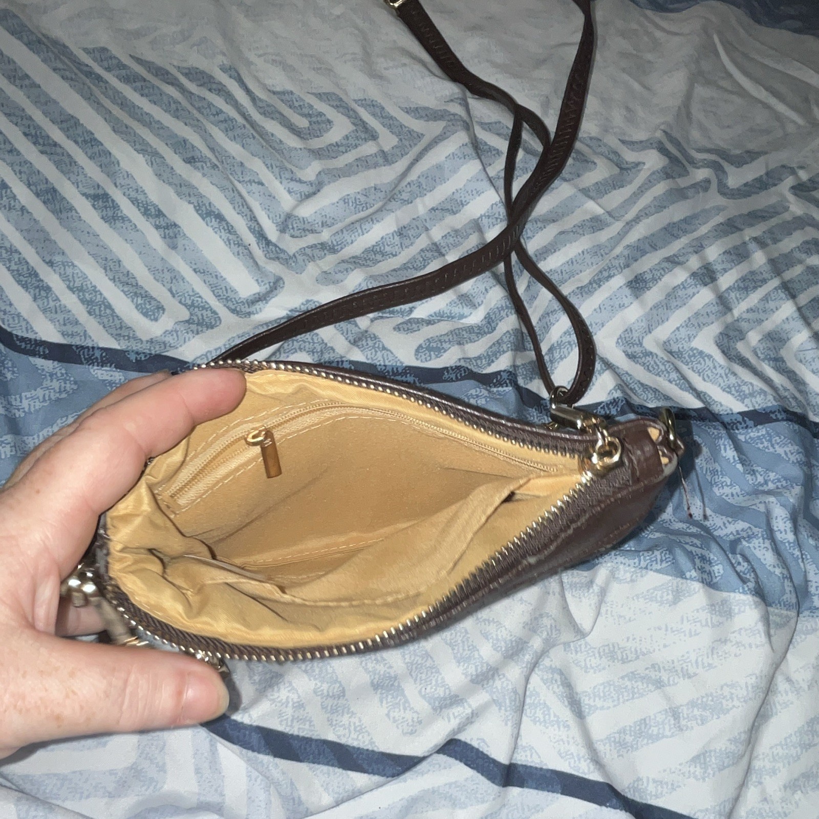 Brown Quilted Small Crossbody Bag Chain Strap Zip Gold Hardware Lined Pockets