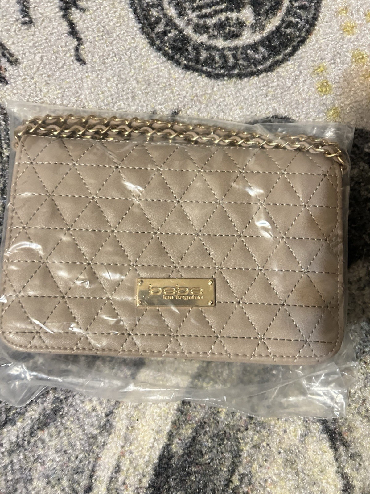 bebe Beige Quilted Women’s Shoulder Bag Gold Chain Strap Solid Rectangle