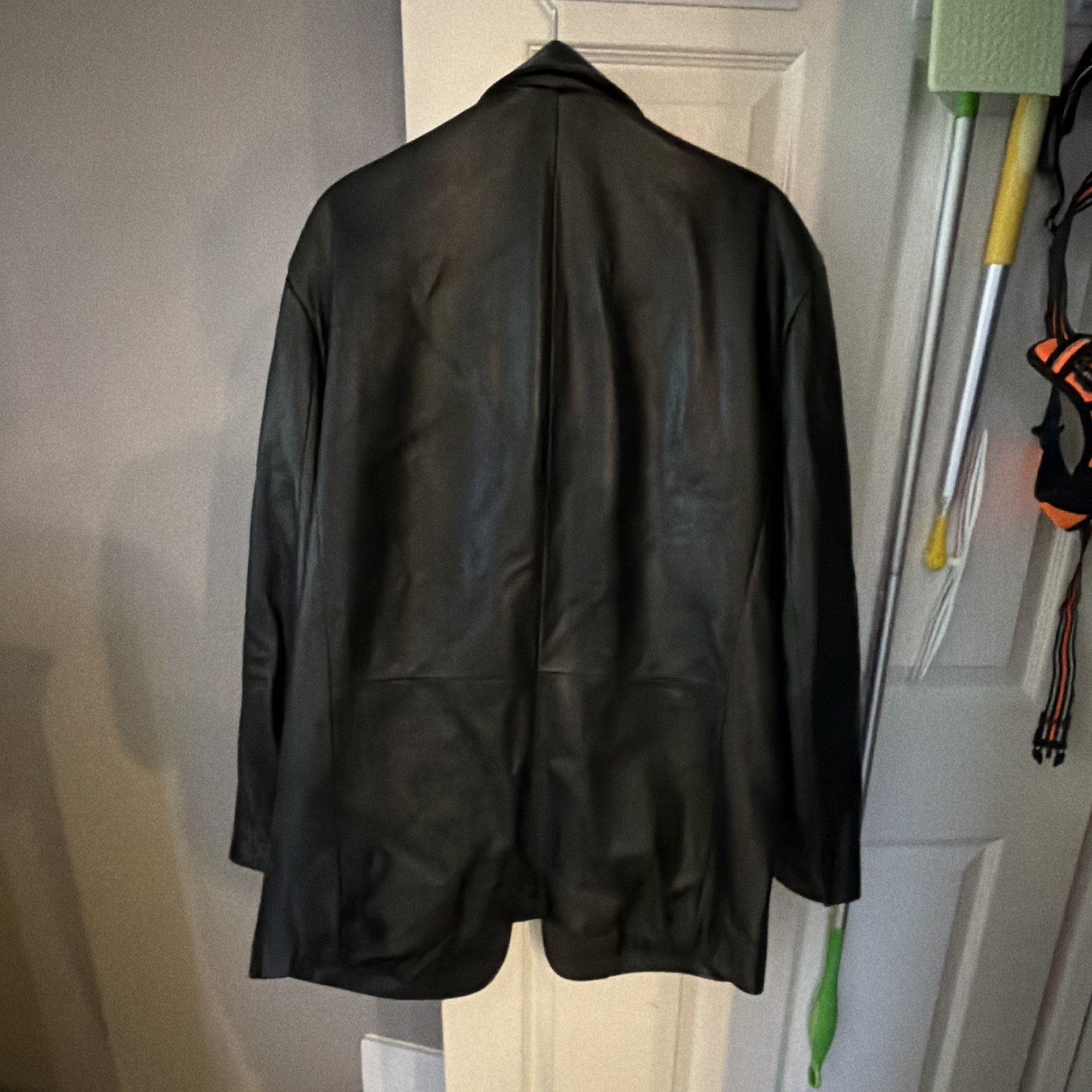 City Men’s Black Leather Blazer Jacket, Notch Collar Button Front, 44R