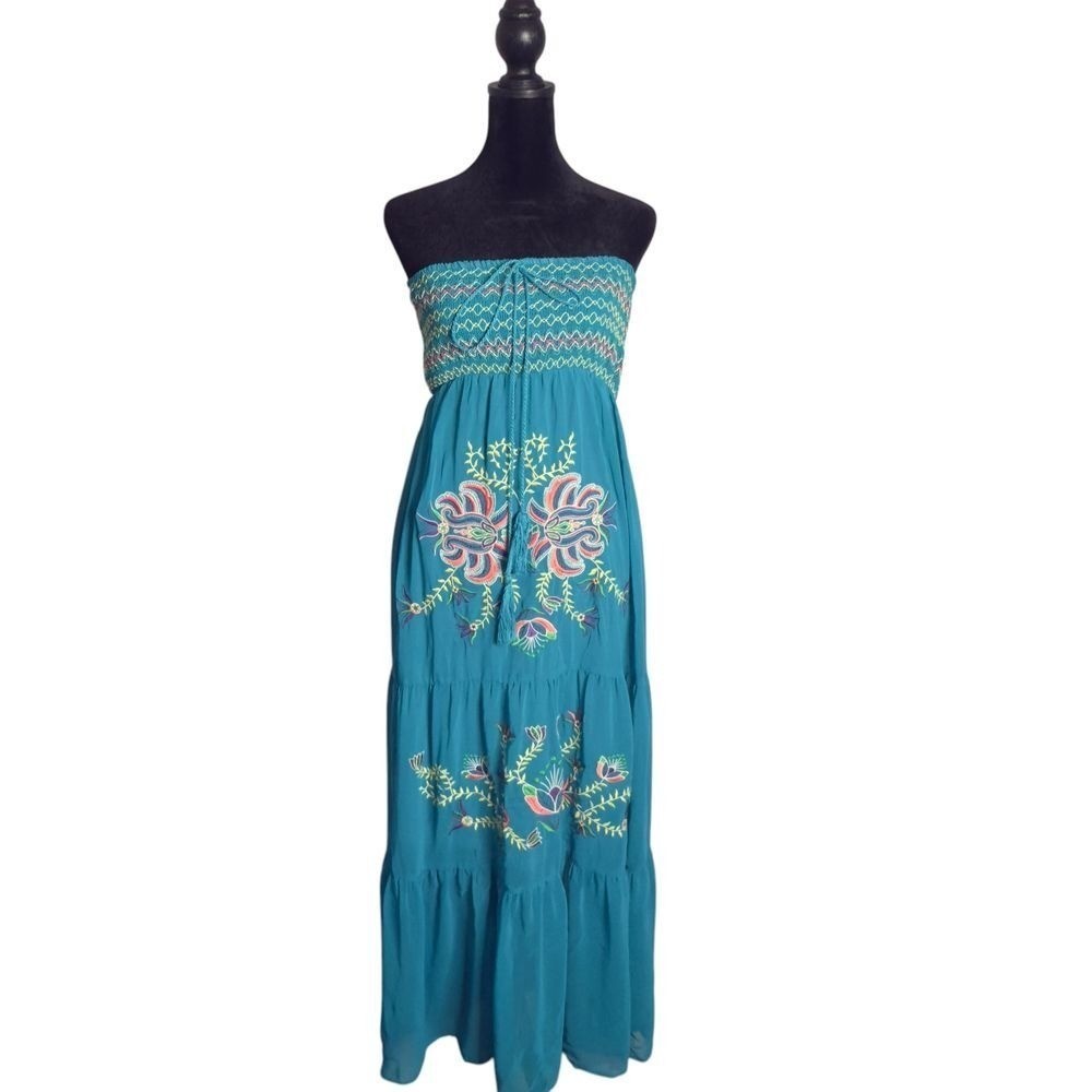 BOHO Embroidered Floral Smocked Strapless Tiered Maxi Dress Womens S Teal Beach