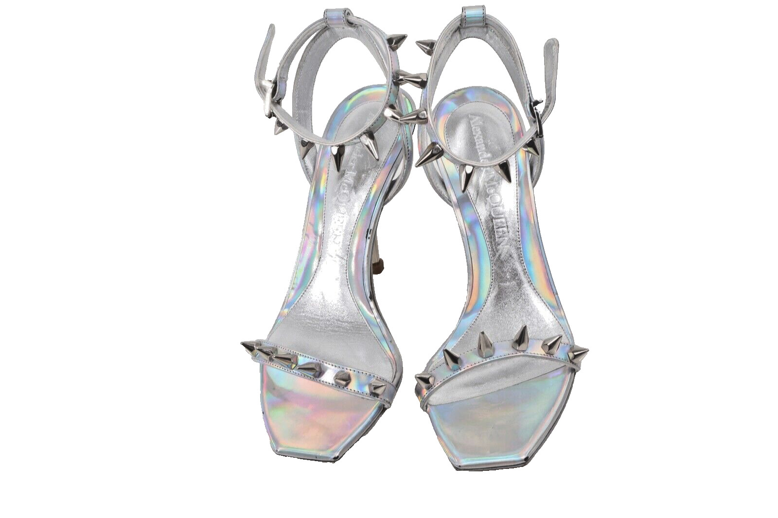 Alexander McQueen Metallic Silver Patent Leather Strappy Heel Sandals Size 37.5