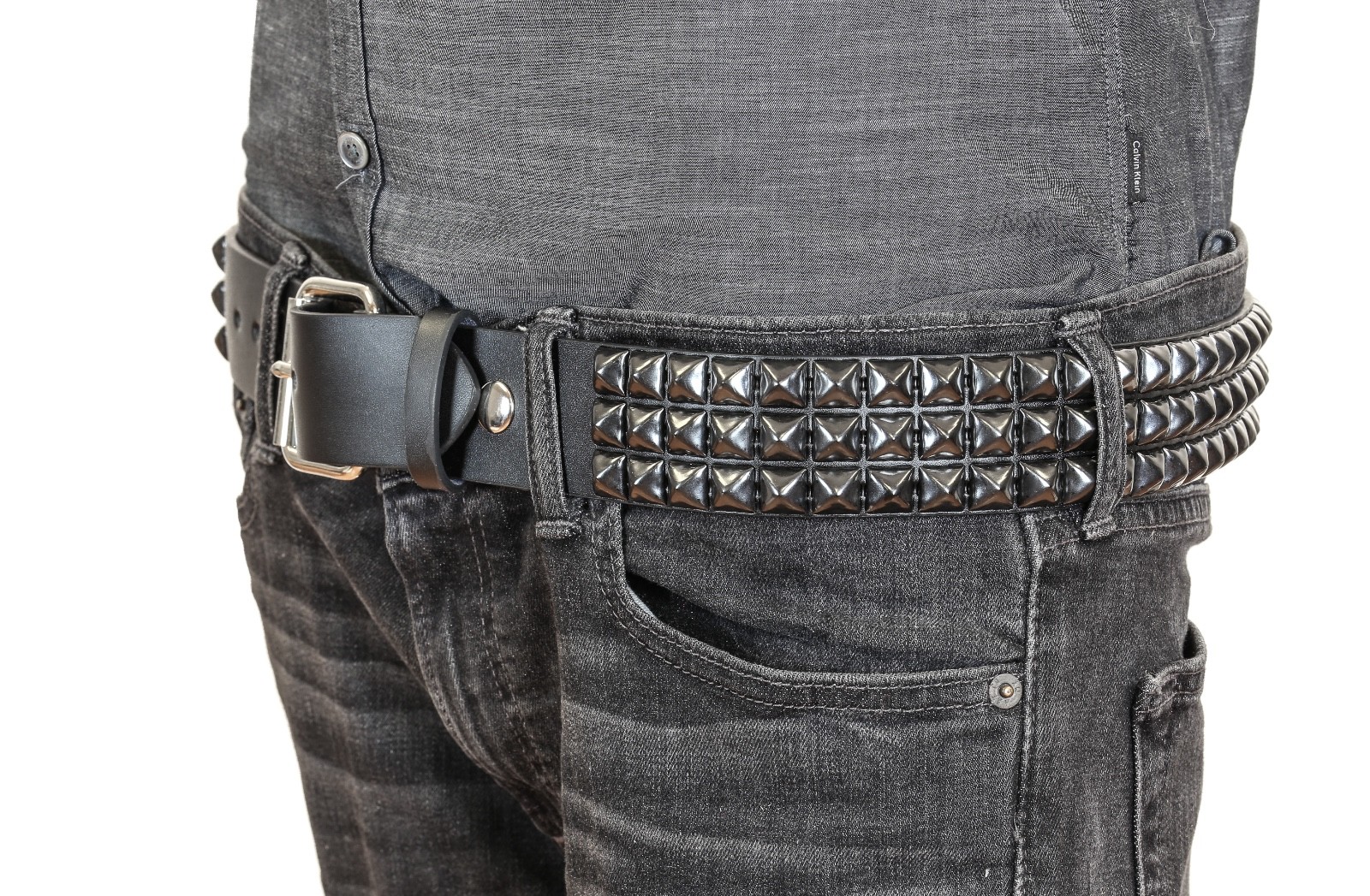 Black Pyramid Stud Belt Genuine Leather Three Row Rock Goth Sid Vicious Punk