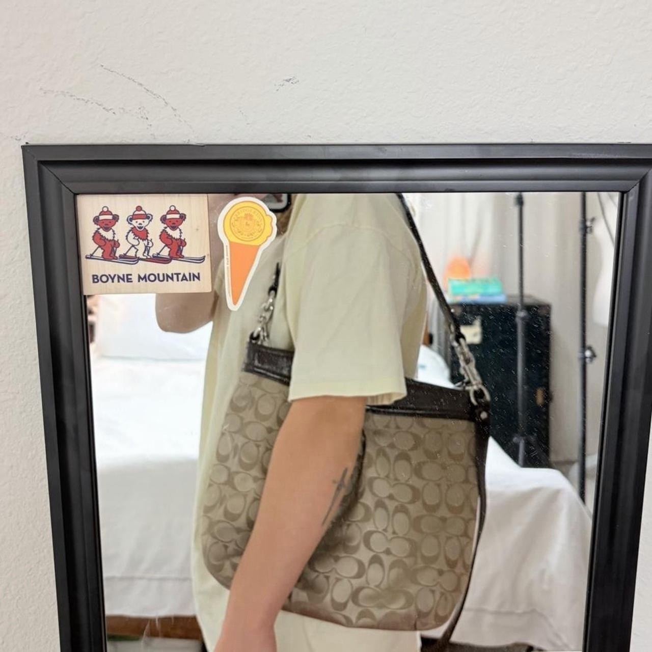 Coach Signature Monogram Beige/Brown Shoulder Bag Zip Detachable Strap Pockets