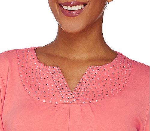 Quacker Factory Size 1X Lime Punch Sparkle Ruched Split V-Neck T-shirt