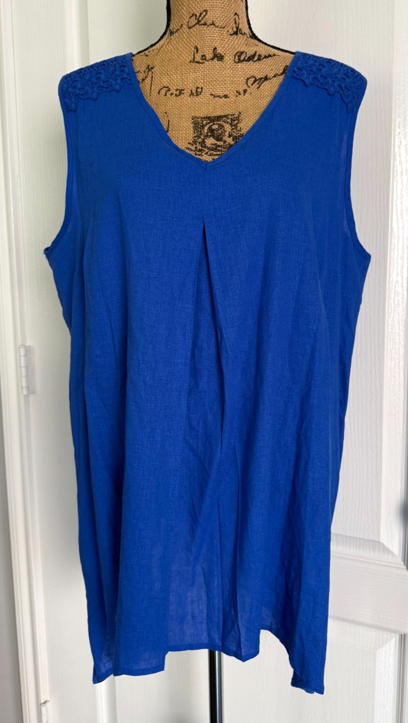 Counterparts Tunic Top Sleeveless V-Neck Royal Blue Embroidered Linen Blend XL