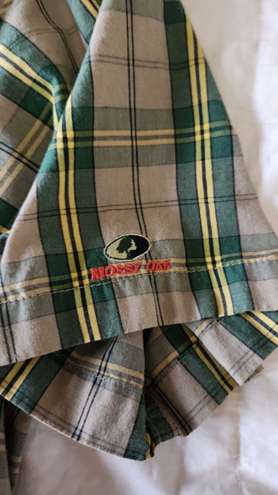 Mossy Oak Men’s L Plaid Cotton Button-Up Shirt Green Yellow Beige Short Sleeve