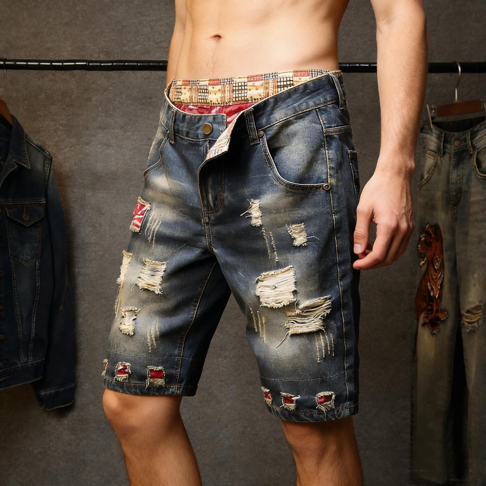 Men’s Vintage Ripped Denim Shorts Casual Loose Street Style Summer
