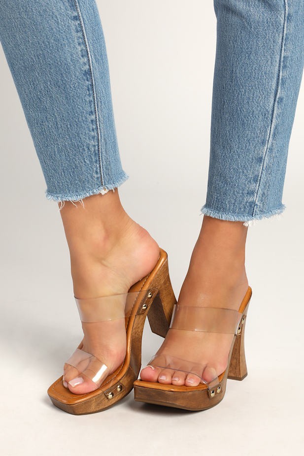 Schutz Wooden Bottom Heeled Sandals – Aryana Vinyl 5/M New