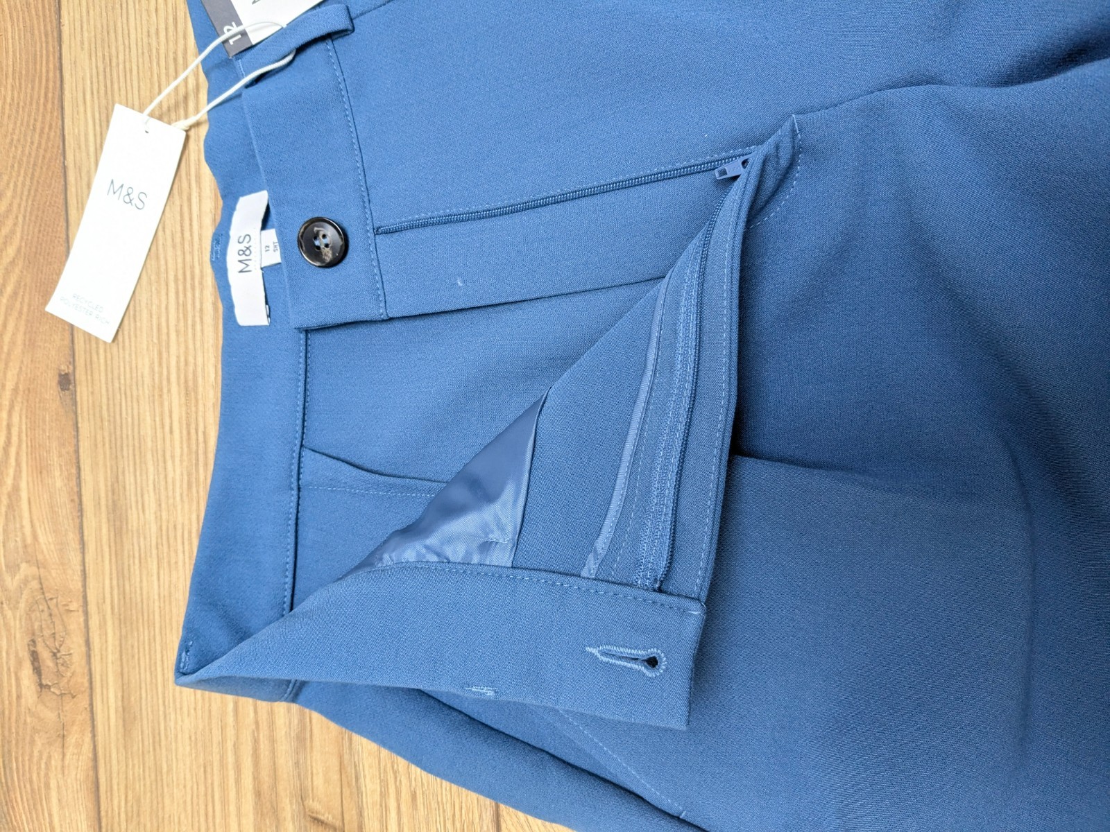 BNWT M&S BLUE Barrel Leg High Waist Pleated Smart TROUSERS UK 16 regular