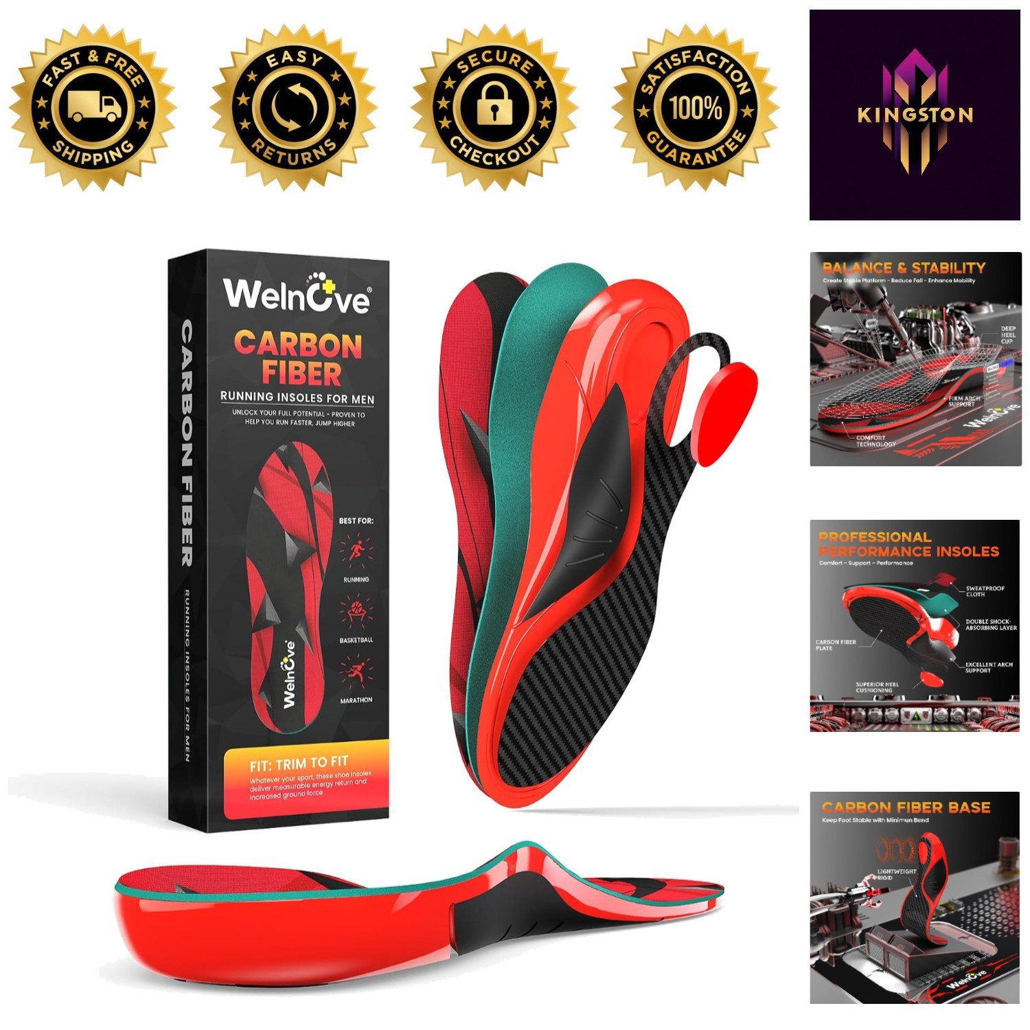 Carbon Fiber Performance Insoles – Relief for Plantar Fasciitis, Sizes 8-10.5