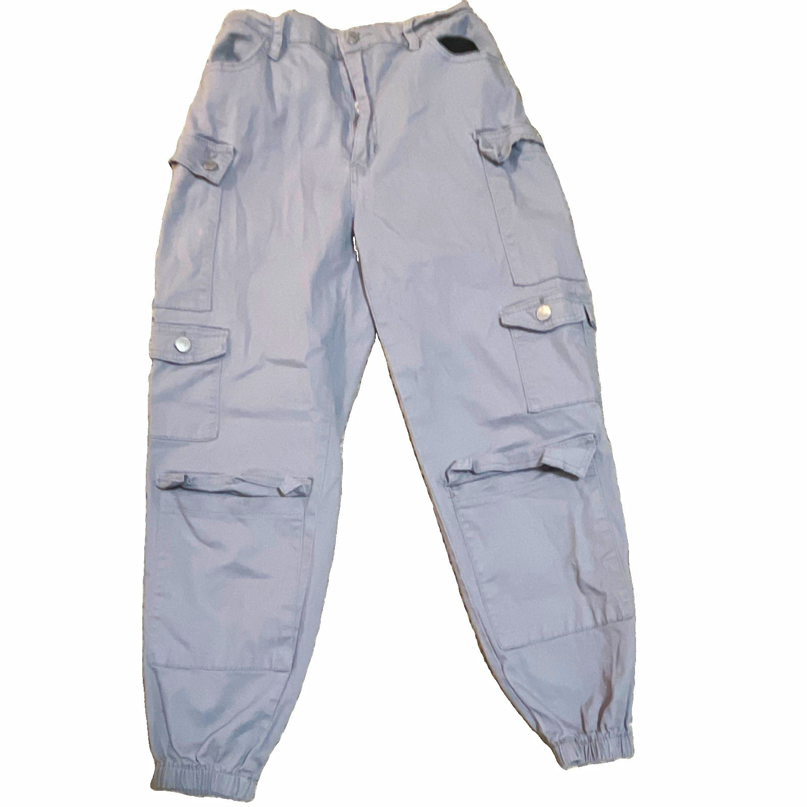 Almost Famous Women’s Gray Cotton Spandex Cargo Pants, Elastic Waist, Pockets S