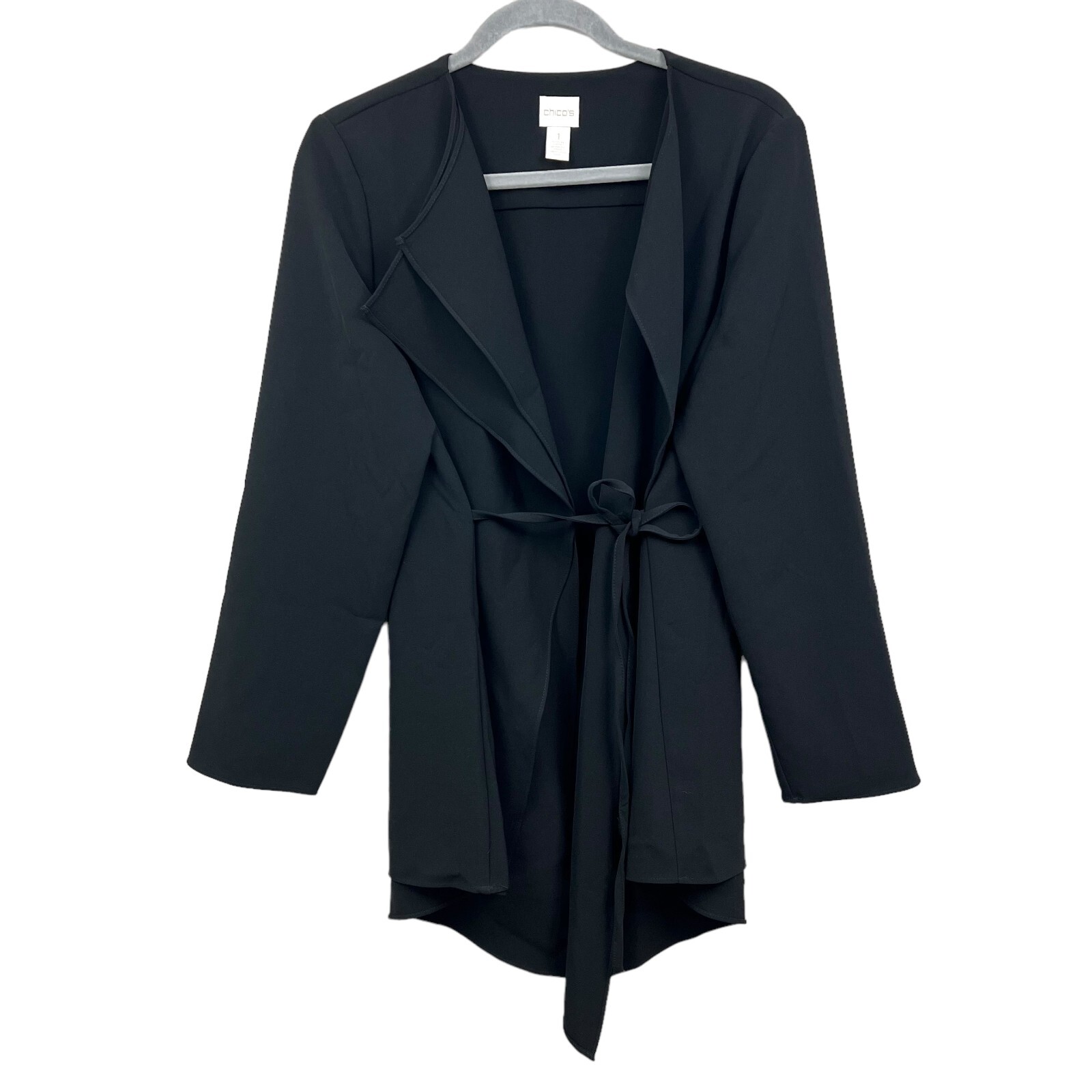 Chico’s Womens Draped Blazer Collarless Belted Wrap Waist Tie Black Size 1*