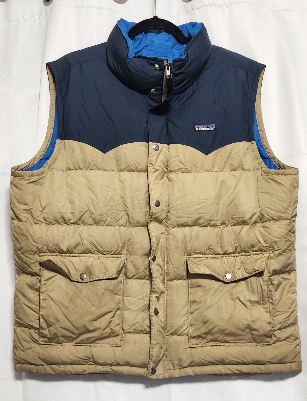 Patagonia Vest Mens XL Goose Down Slingshot Puffer Navy&Tan Stains On Pockets