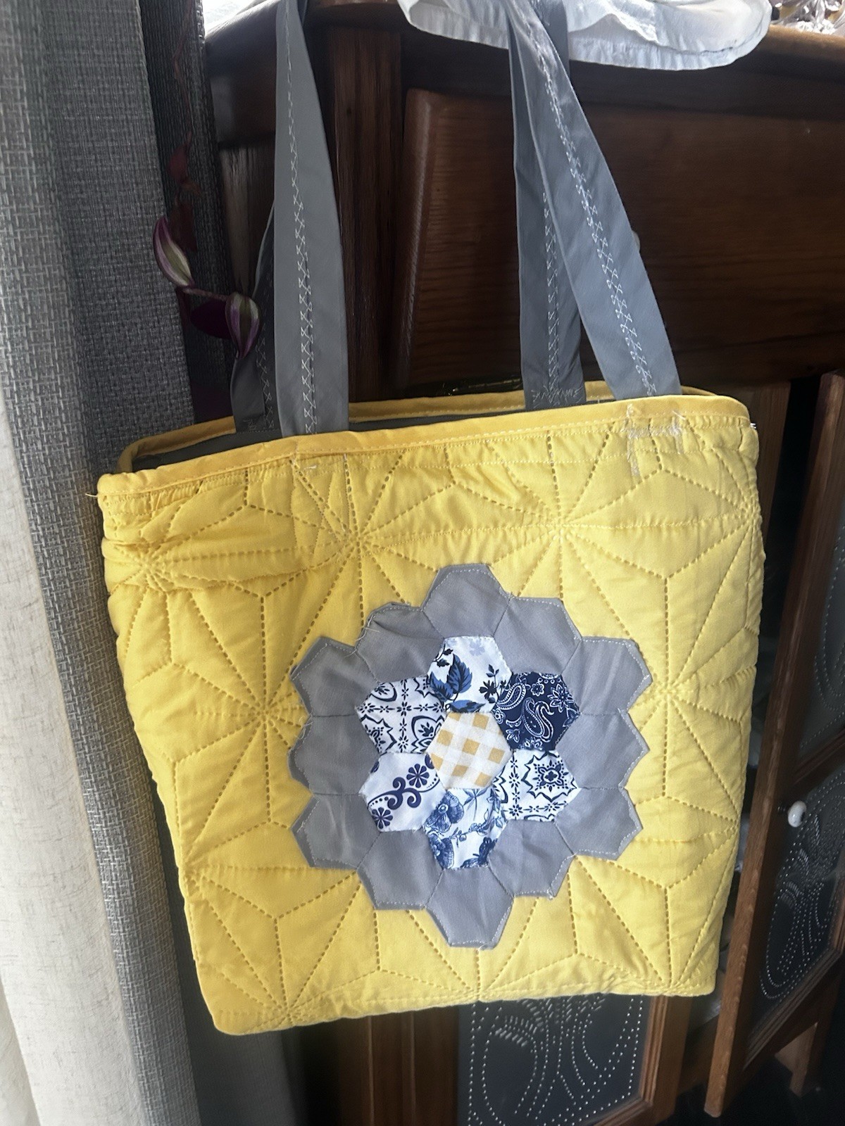 Yellow Quilted Tote Bag Gray Double Handles Floral Applique Blue Lining Open