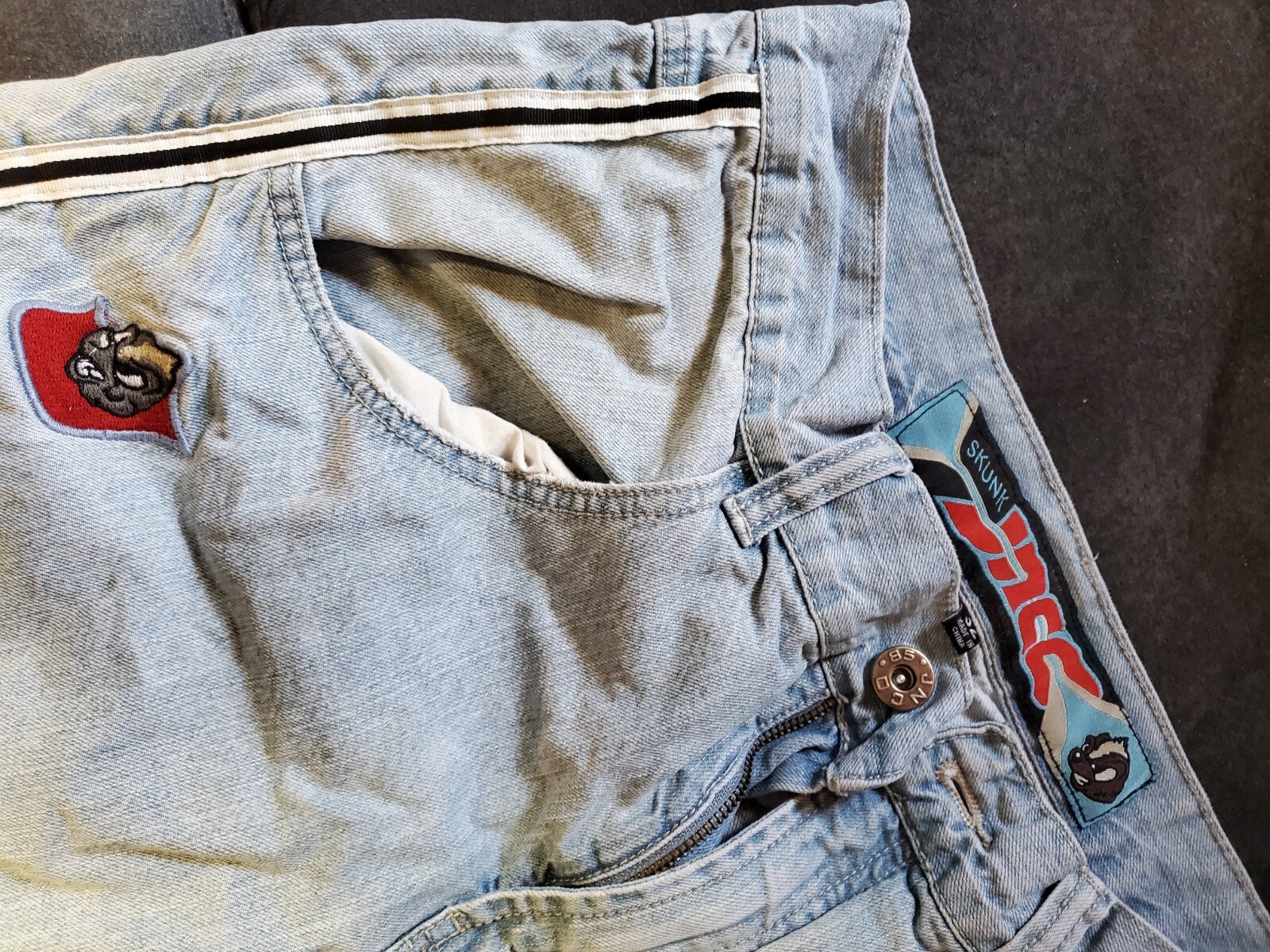 90’s Vtg Side Stripe JNCO SKUNK Blue Denim Wide Leg Jeans Men 16 Waist 42 Length