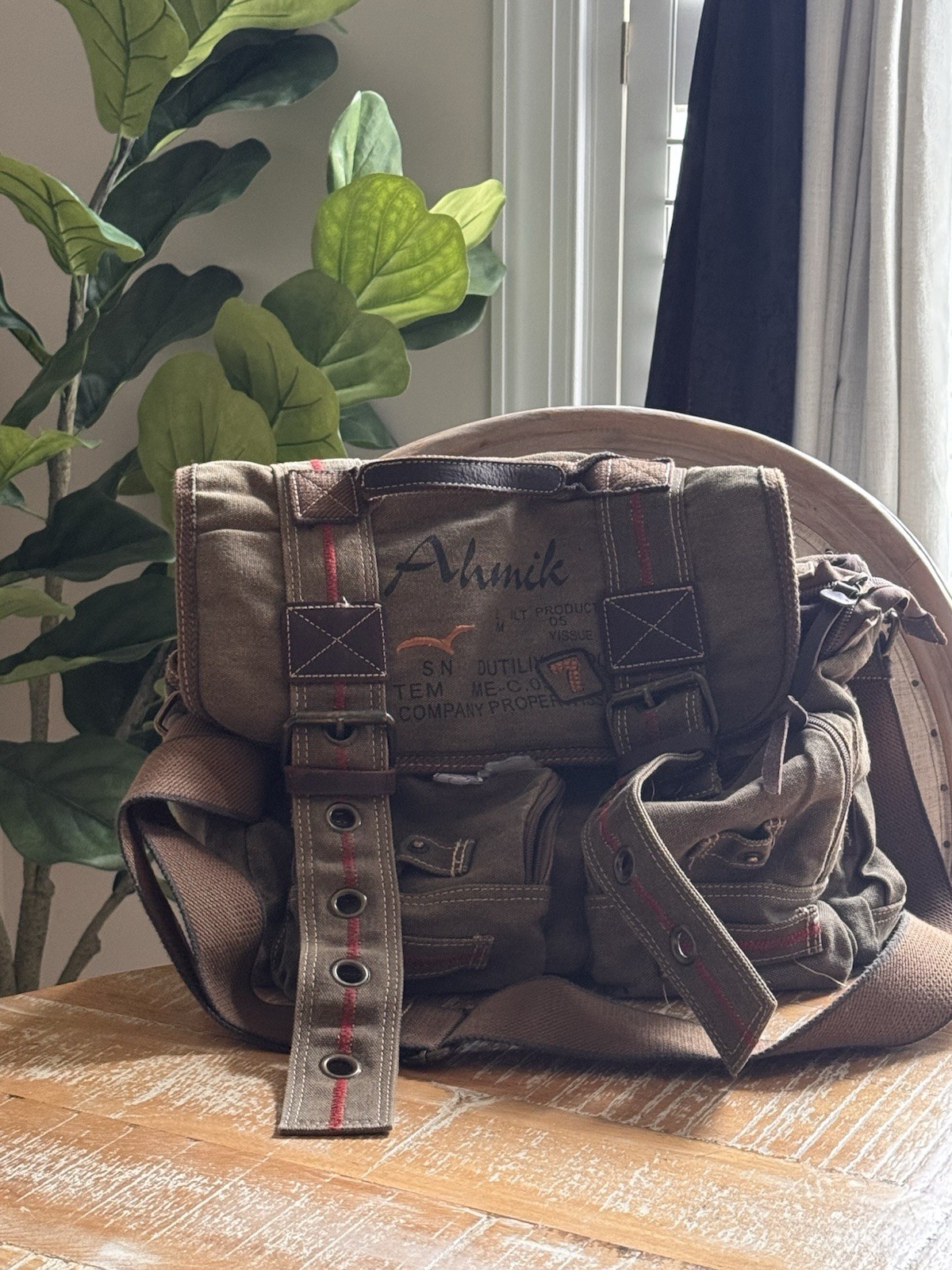 Ahmik Brown Messenger Bag Adjustable Strap Buckle Closure Pockets