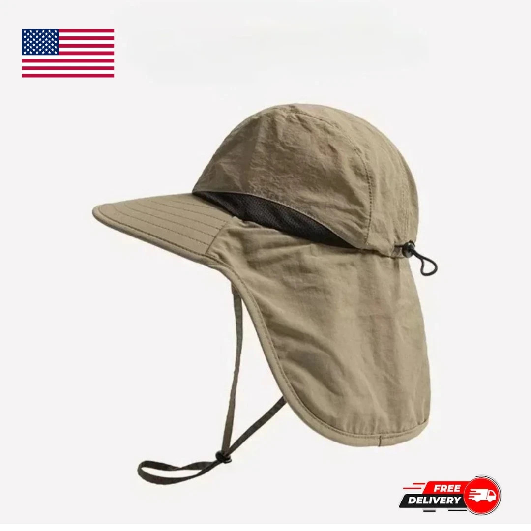 Wide Brim Sun Hat with Neck Flap UV Protection Hiking Fishing Cap for Men Women