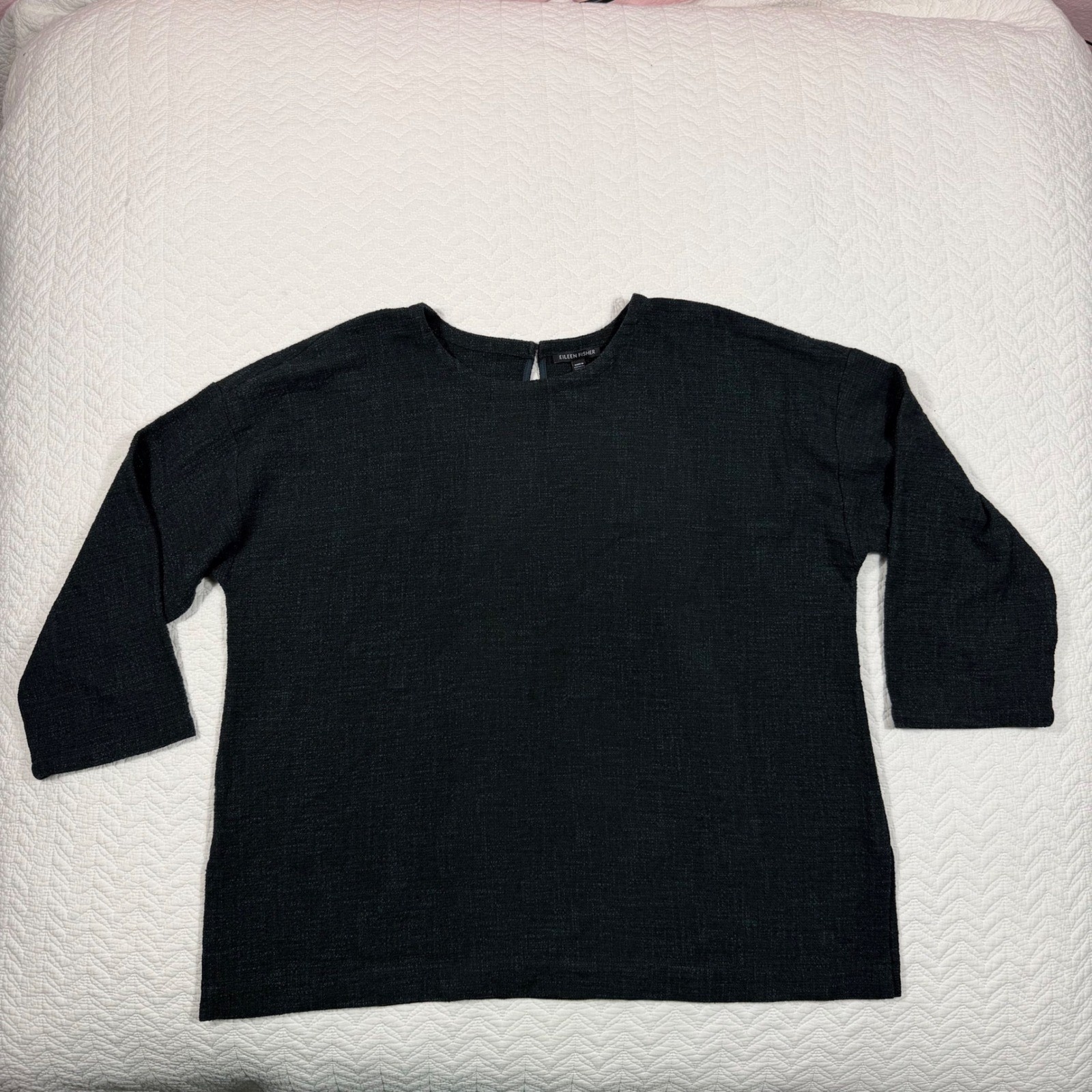 Eileen Fisher Women Top L Textured Knit 3/4 Sleeve Dark Green Minimalist EUC