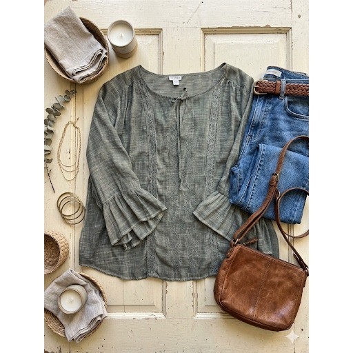 Spense Olive Green Embroidered Boho Blouse Lace Trim Ruffle Sleeve Top XL