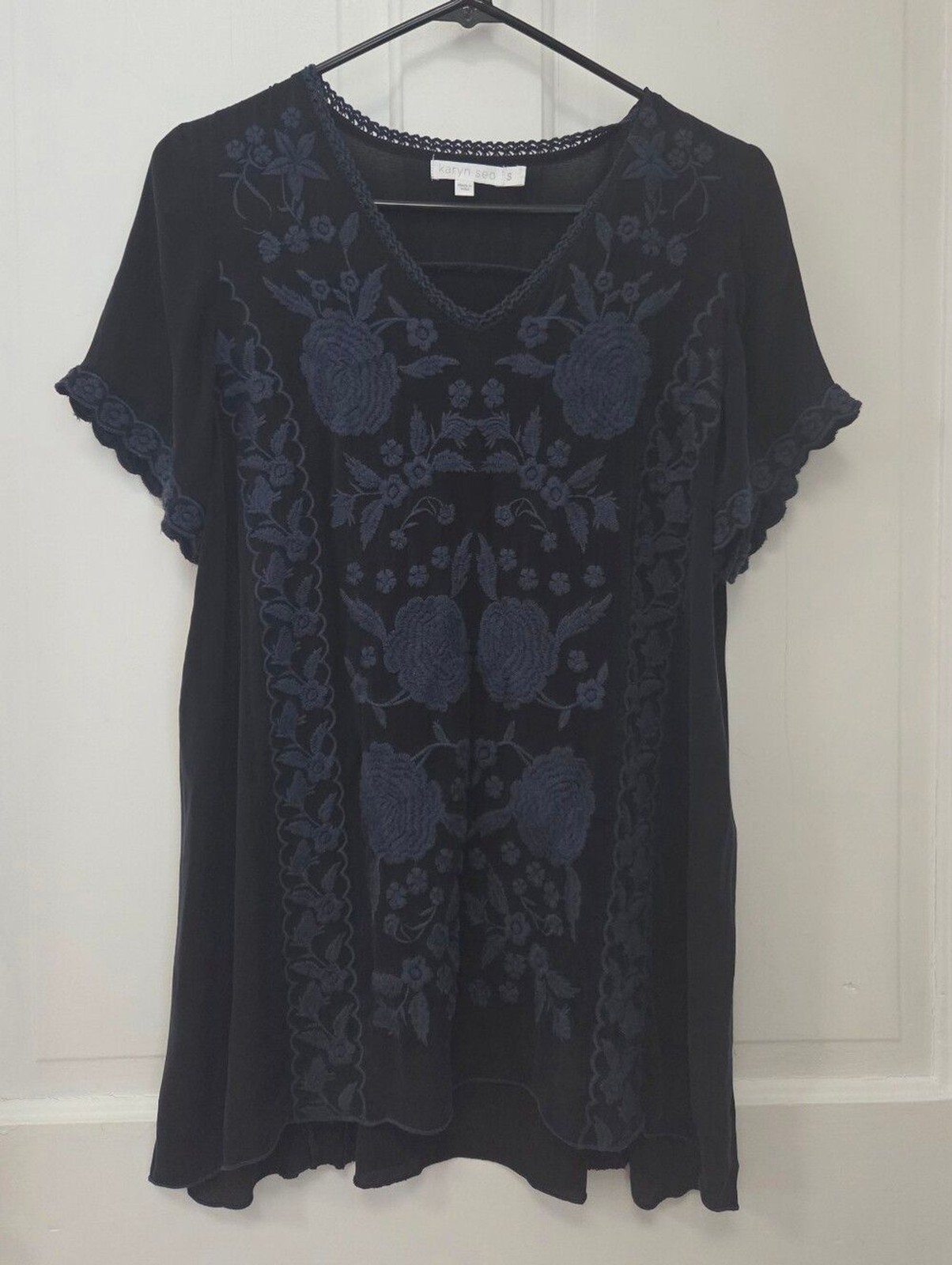 Karyn Seo Anthropologie Viscose Embroidered Top S Deep Blue